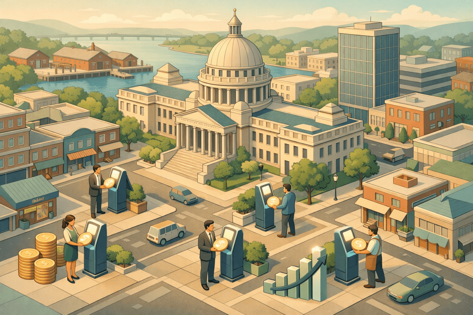 Isometric Mississippi downtown scene with small business storefronts and a capitol building, showing business owners receiving fast working capital funding.