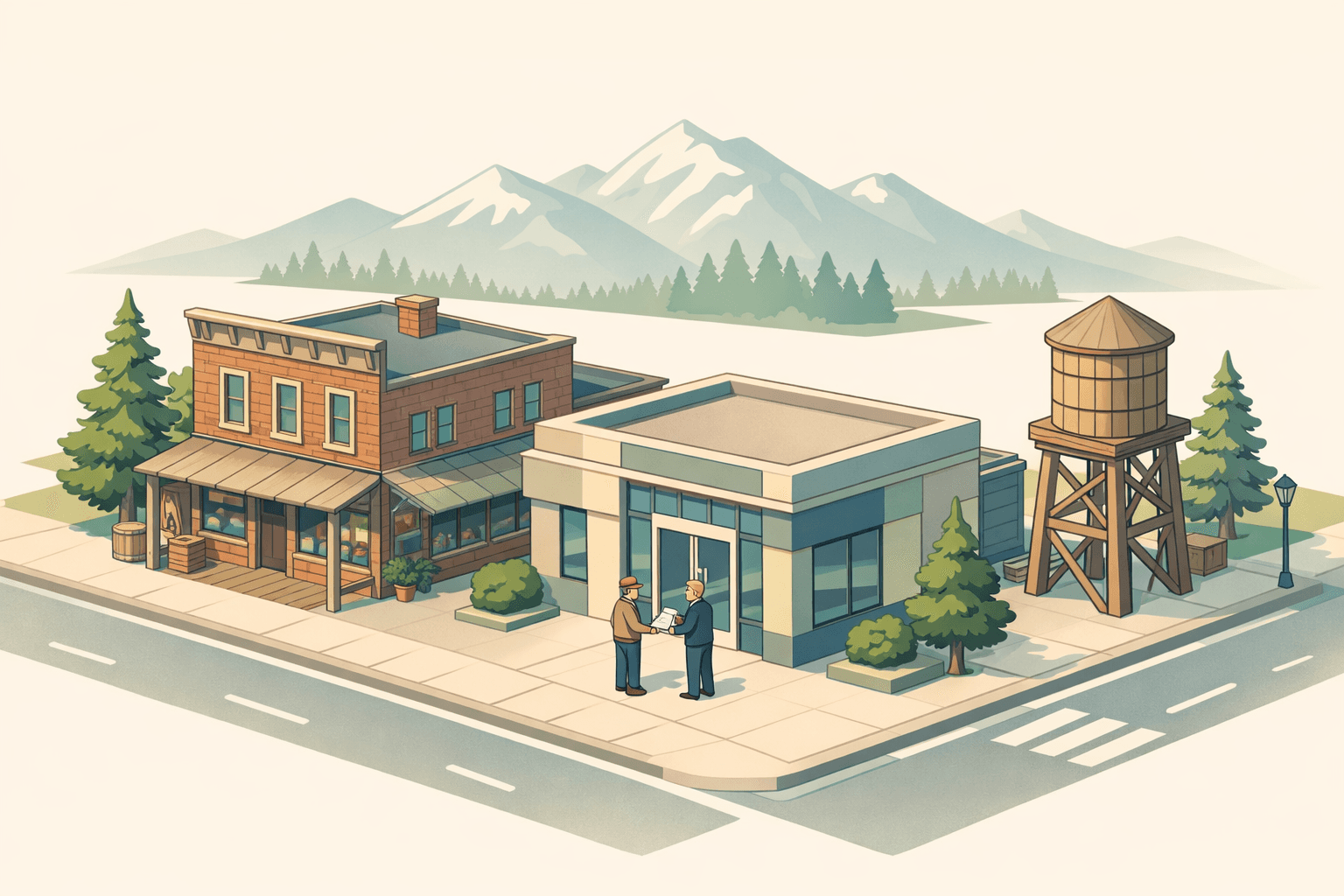 Isometric scene of a Montana small-town business district with a storefront, a small bank office, mountain backdrop, and two tiny figures exchanging documents.