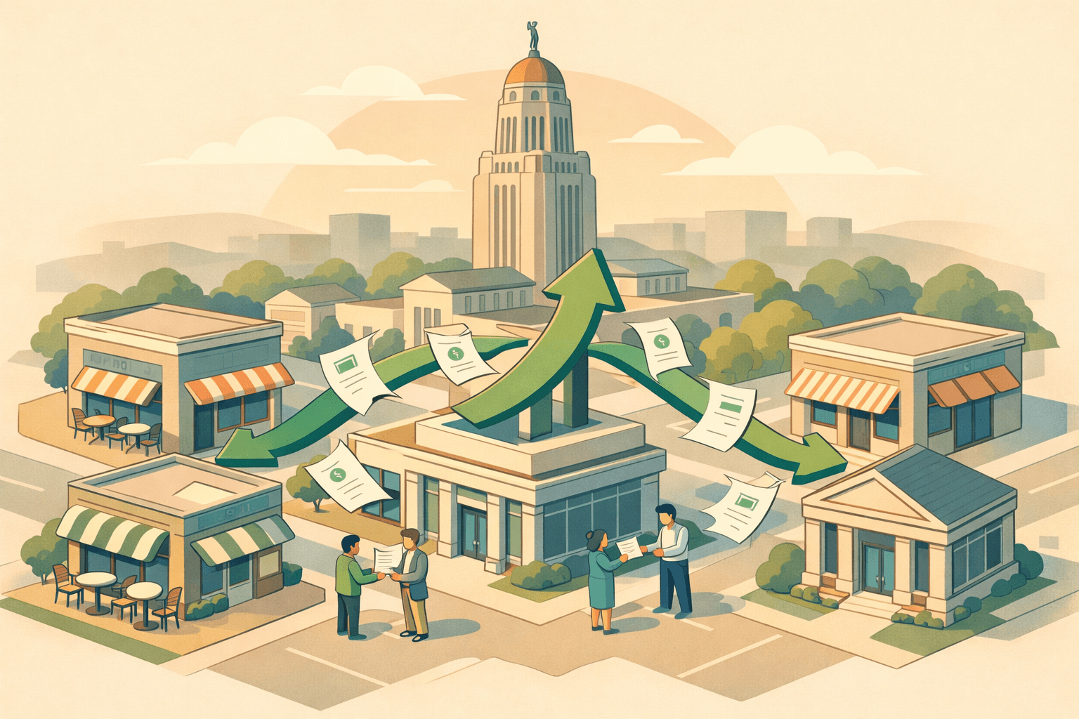 Isometric scene of Nebraska small business storefronts and a community bank with tiny figures exchanging funding documents near a capitol dome.