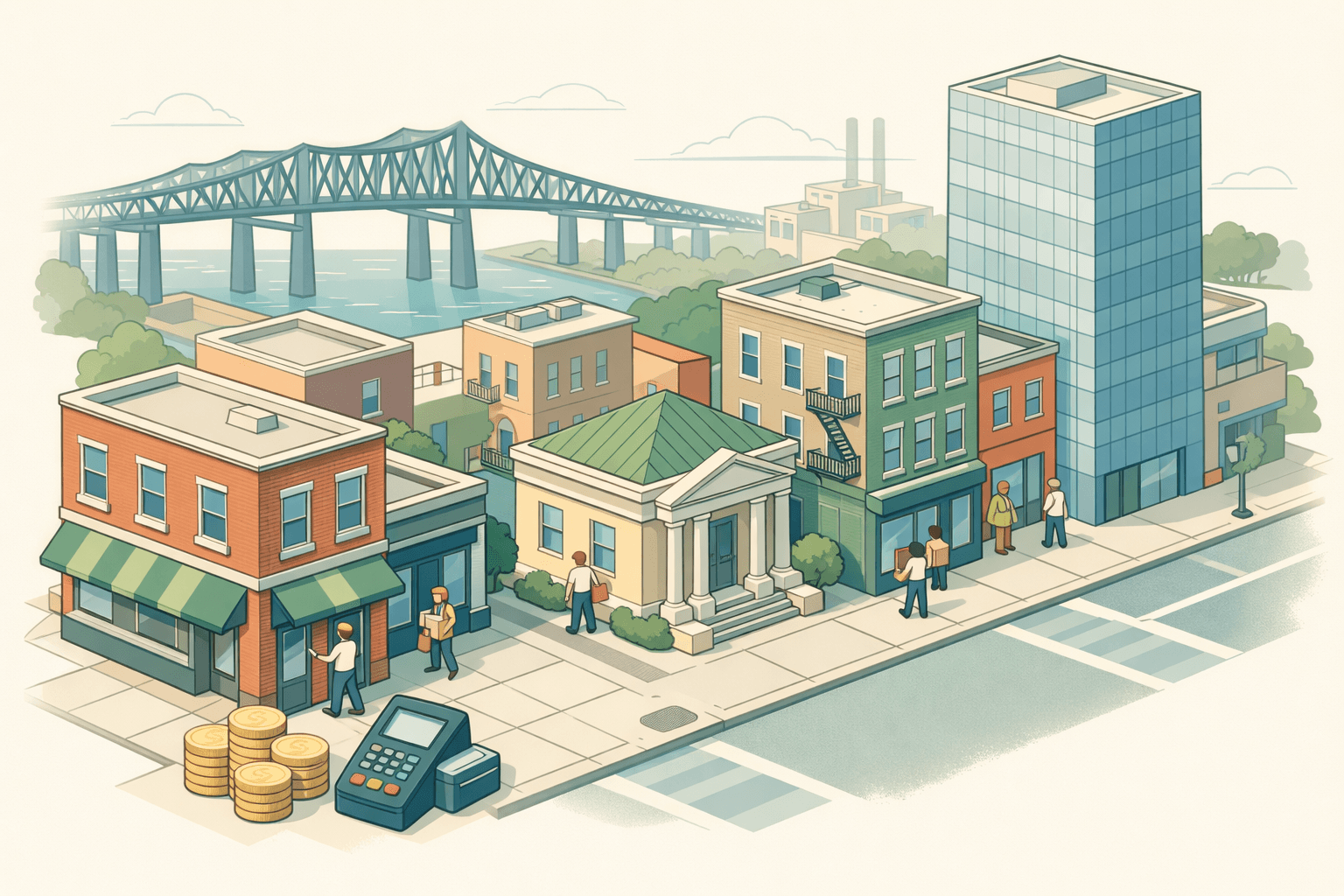 Isometric scene of a New Jersey commercial city block with storefronts, an office tower, a bank building, and small business owners near a bridge.