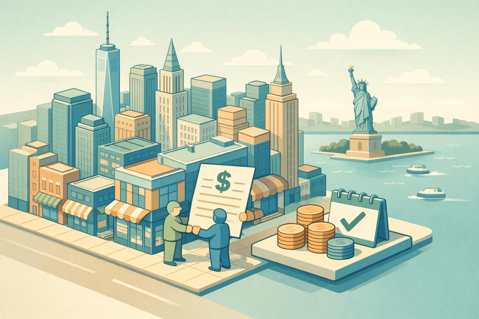 Isometric illustration of a Manhattan commercial street with a small business storefront receiving fast funding, surrounded by iconic New York City skyscrapers.