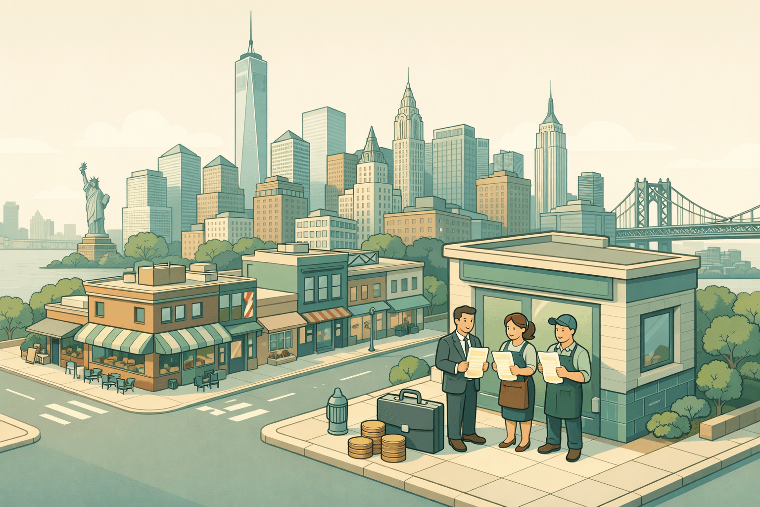 Isometric view of a New York commercial street with small business storefronts and tiny figures receiving funding documents outside a local lending office.