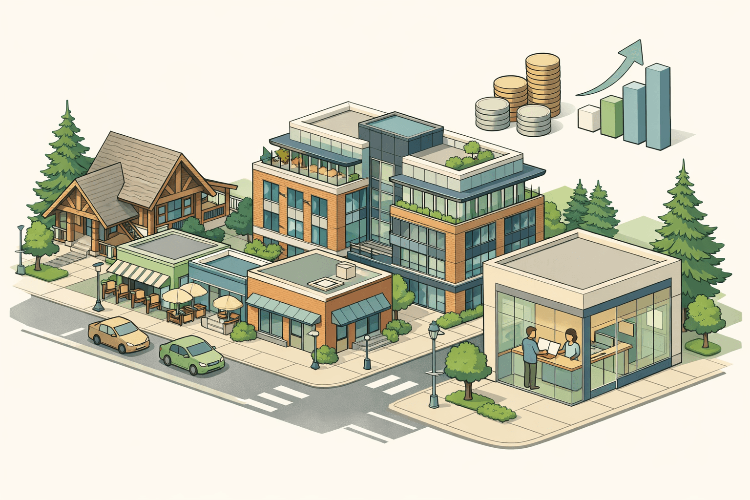 Isometric Oregon city block with small storefronts, a timber-frame building, and abstract symbols of business funding including coins and a bar graph.