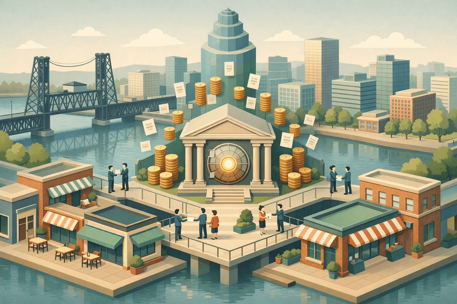 Isometric Portland cityscape with small business storefronts, a bridge, and tiny figures exchanging funding documents near a central bank building.