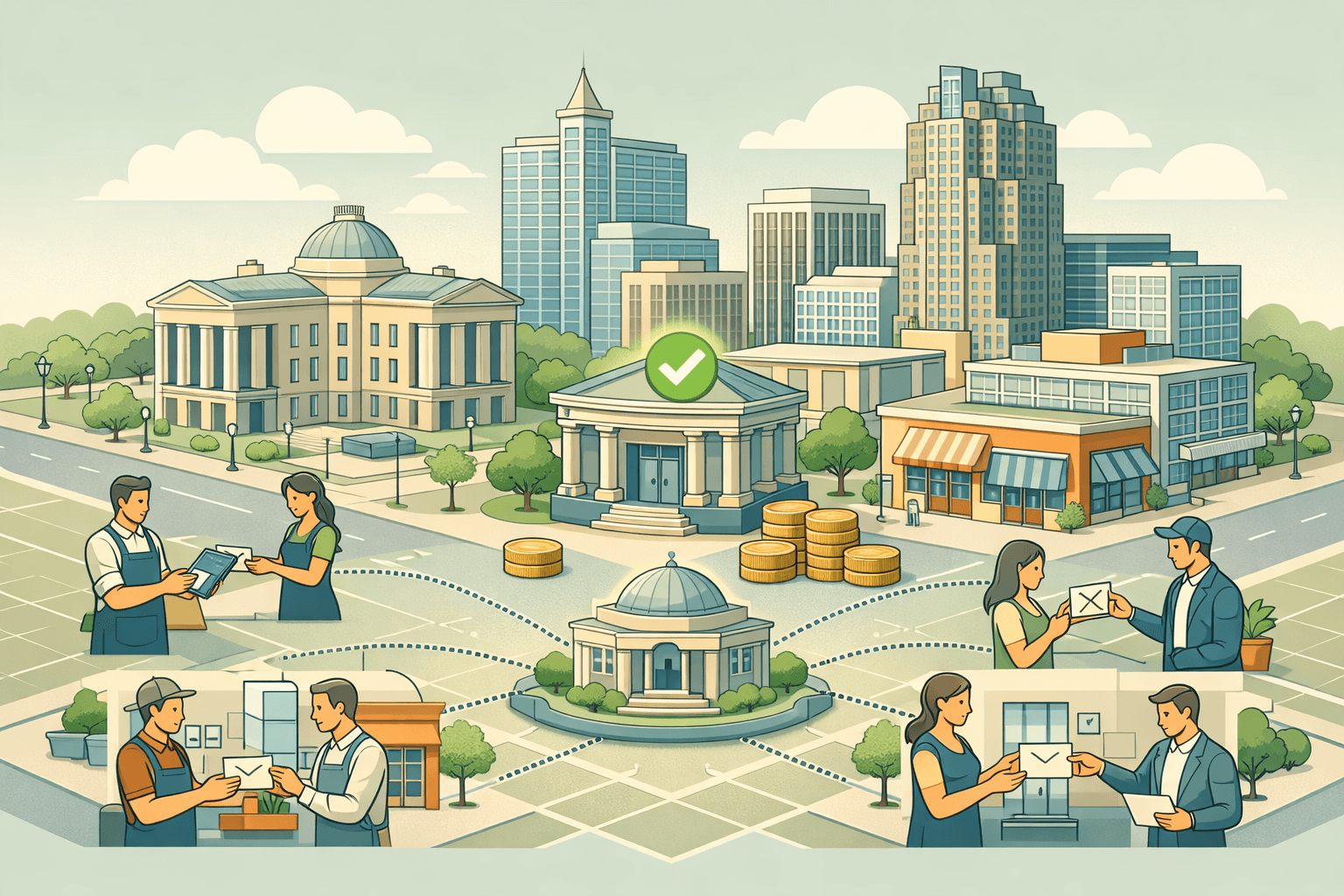 Isometric scene of downtown Raleigh with small business owners receiving working capital funding from a central commercial finance building.