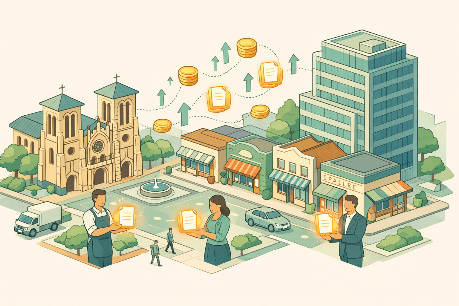 Isometric scene of San Antonio small business storefronts and a cathedral with tiny figures receiving fast funding documents and coins floating between buildings.