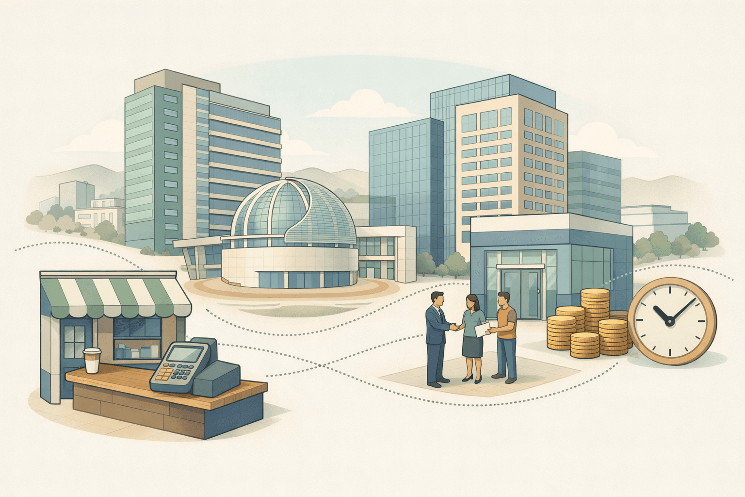 Isometric view of San Jose city buildings with a small business storefront and tiny figures representing fast merchant cash advance funding activity.