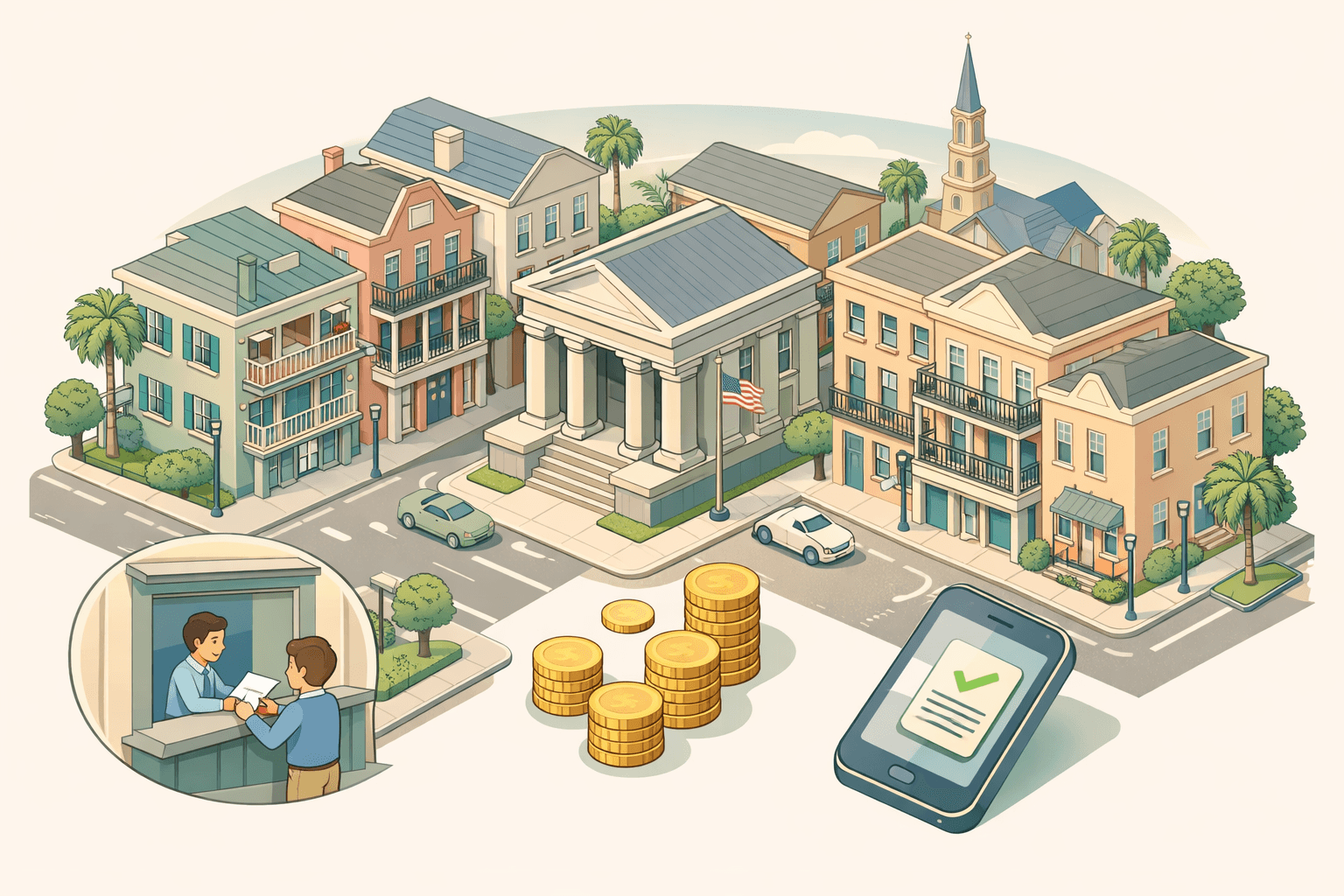 Isometric scene of a South Carolina small business street with storefronts, a bank, a business owner at a funding counter, and palm trees nearby.