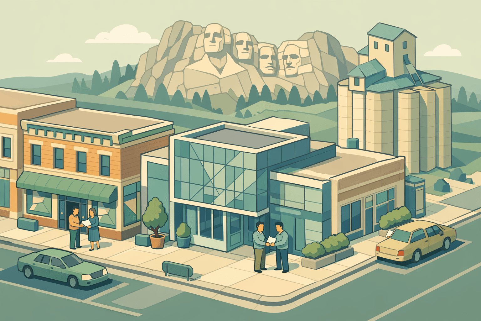 Isometric scene of a South Dakota small business street with a lending office, storefront, grain elevator, and small figures near building entrances.