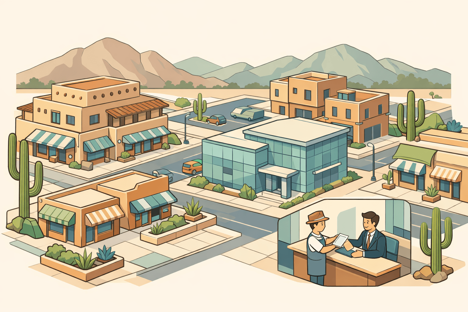 Isometric scene of a Southwest commercial street with adobe buildings, a bank branch, and small business owners exchanging funding documents.