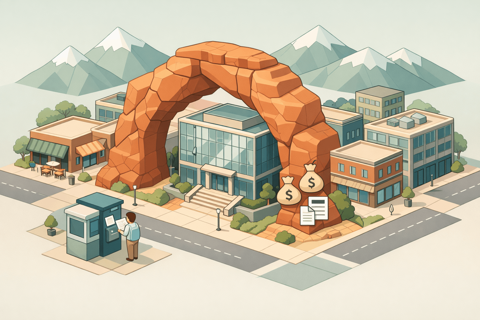 Isometric scene of a Utah commercial district with a bank building, small storefronts, red rock landscape, and a business owner receiving funding documents.