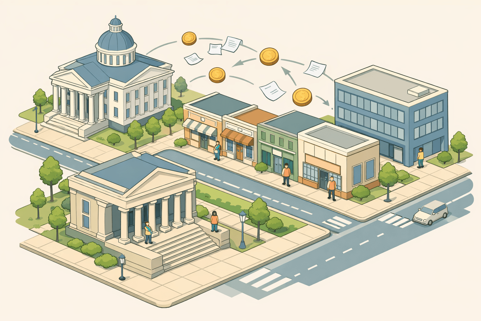 Isometric scene of a Virginia city block with a capitol-style building, small storefronts, and tiny figures representing small business owners receiving fast funding.