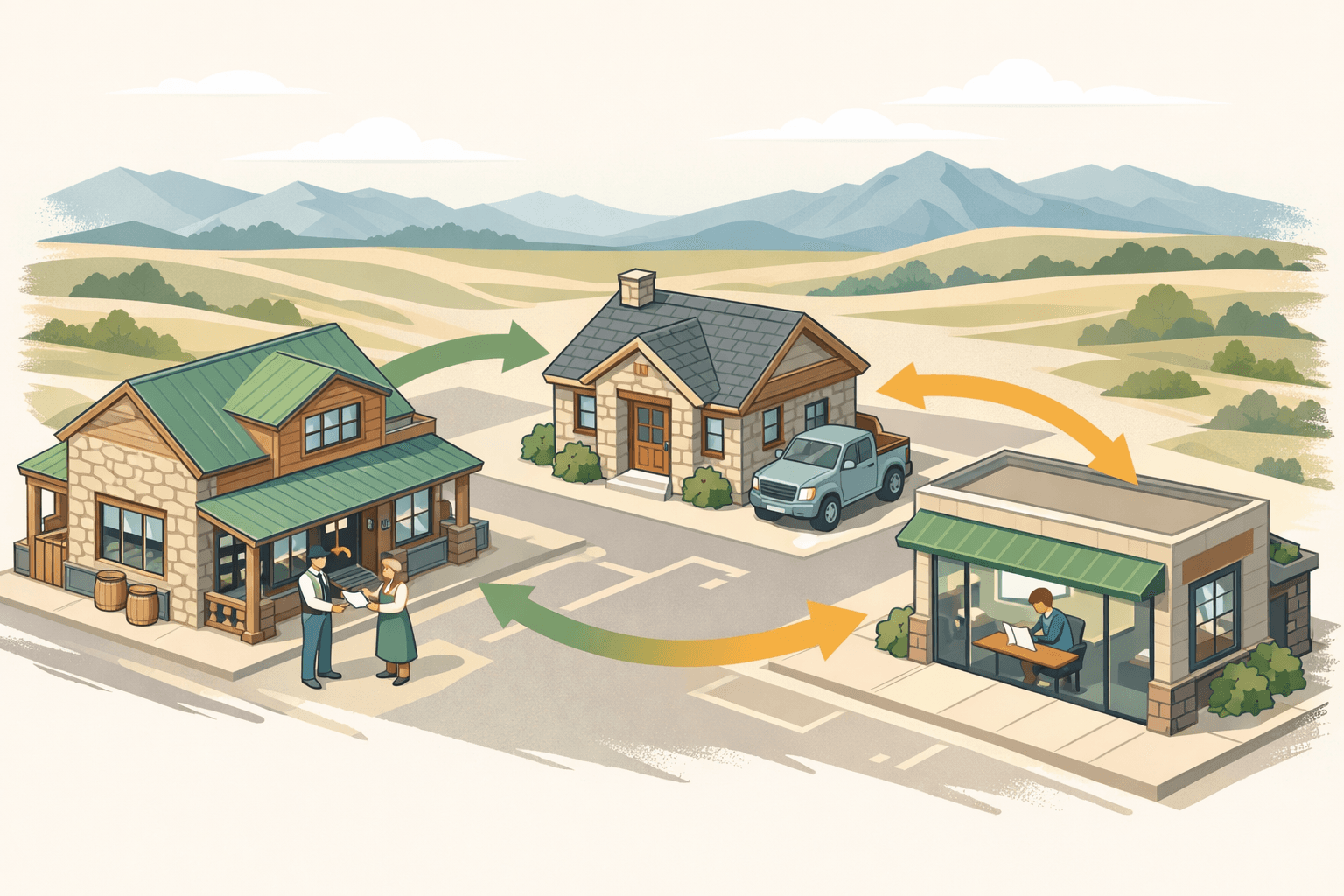 Isometric illustration of a Wyoming small-town business street with a bank, storefronts, and business owners exchanging funding documents against a mountain backdrop.