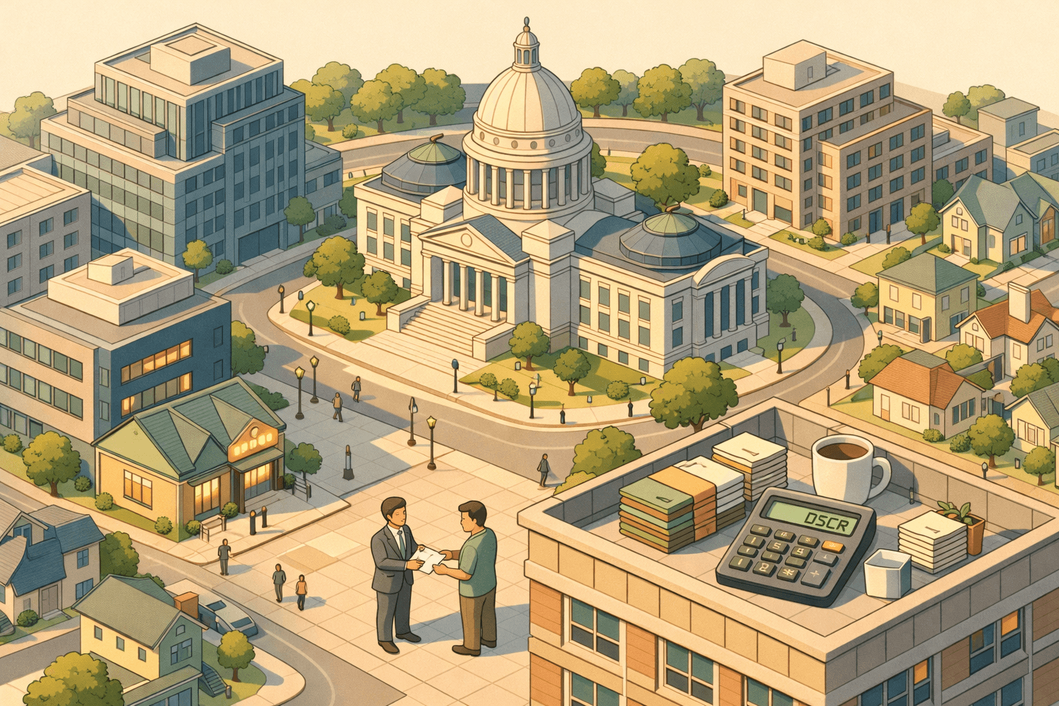 Isometric miniature scene of an Arkansas city block with a capitol building, mortgage office, residential homes, and small figures exchanging loan documents.
