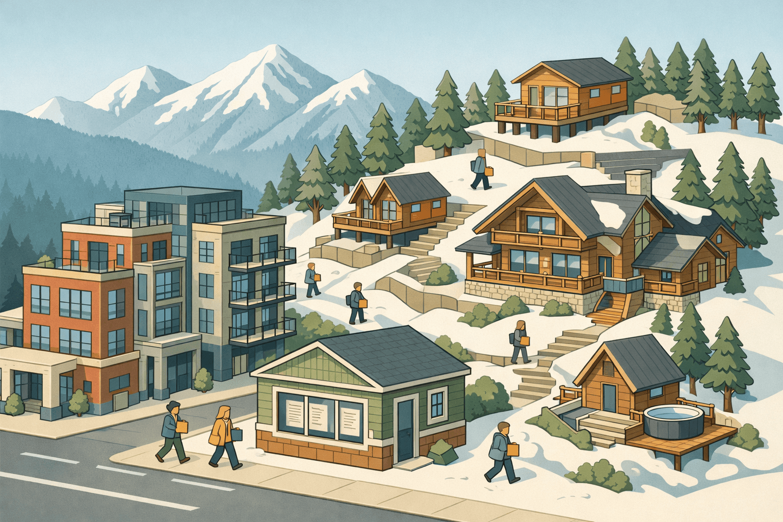 Isometric scene of Colorado mountain and urban properties with a small mortgage office, people walking between buildings, and rental cabins on a hillside.