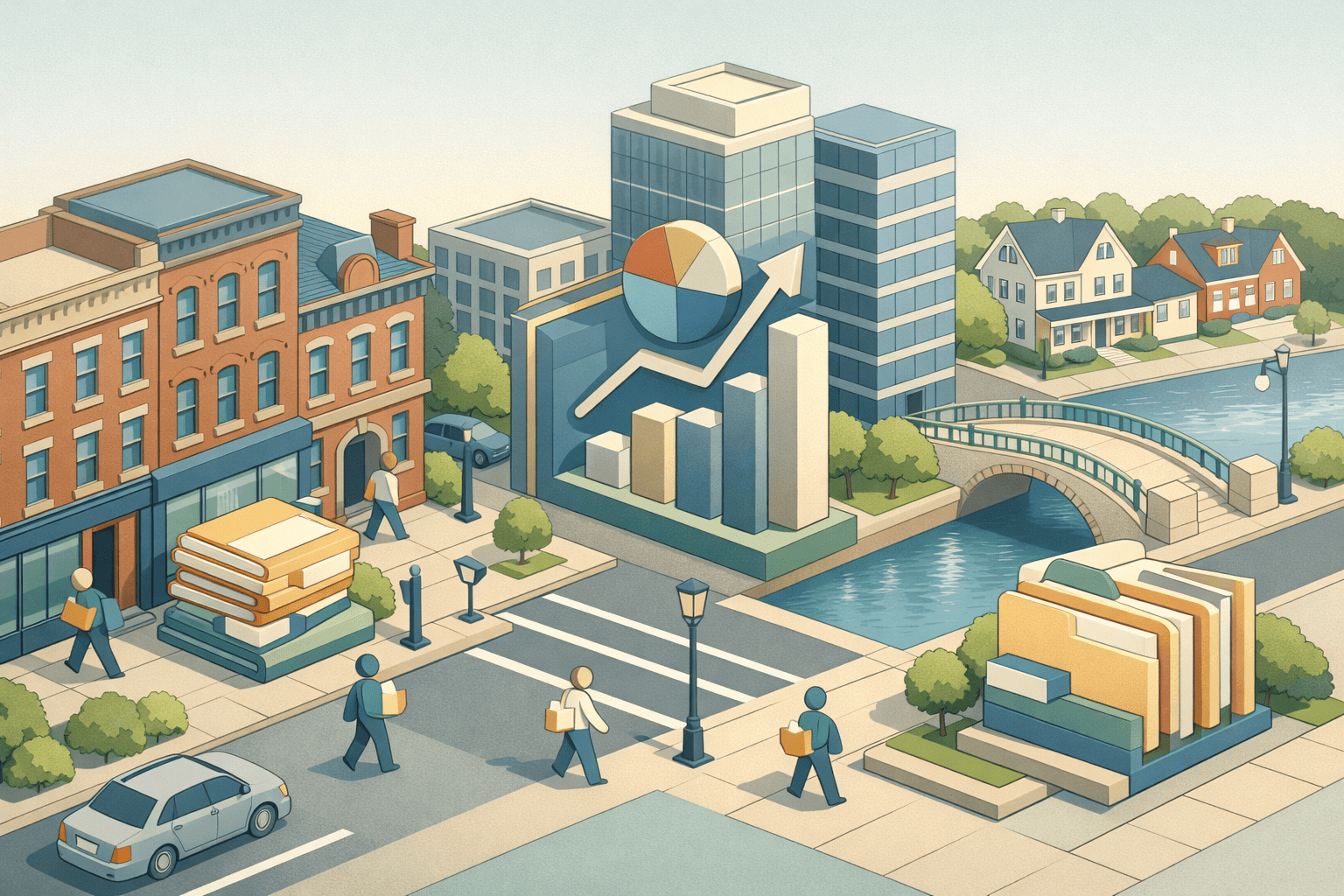 Isometric street scene showing Connecticut office buildings, a mortgage lending storefront, residential properties, and small figures carrying document folders.