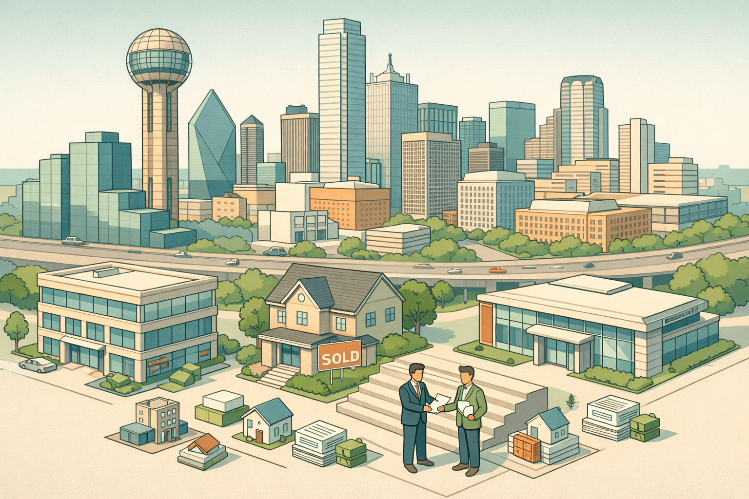 Isometric scene of the Dallas skyline with a lending office, investment property, and small figures exchanging mortgage documents.