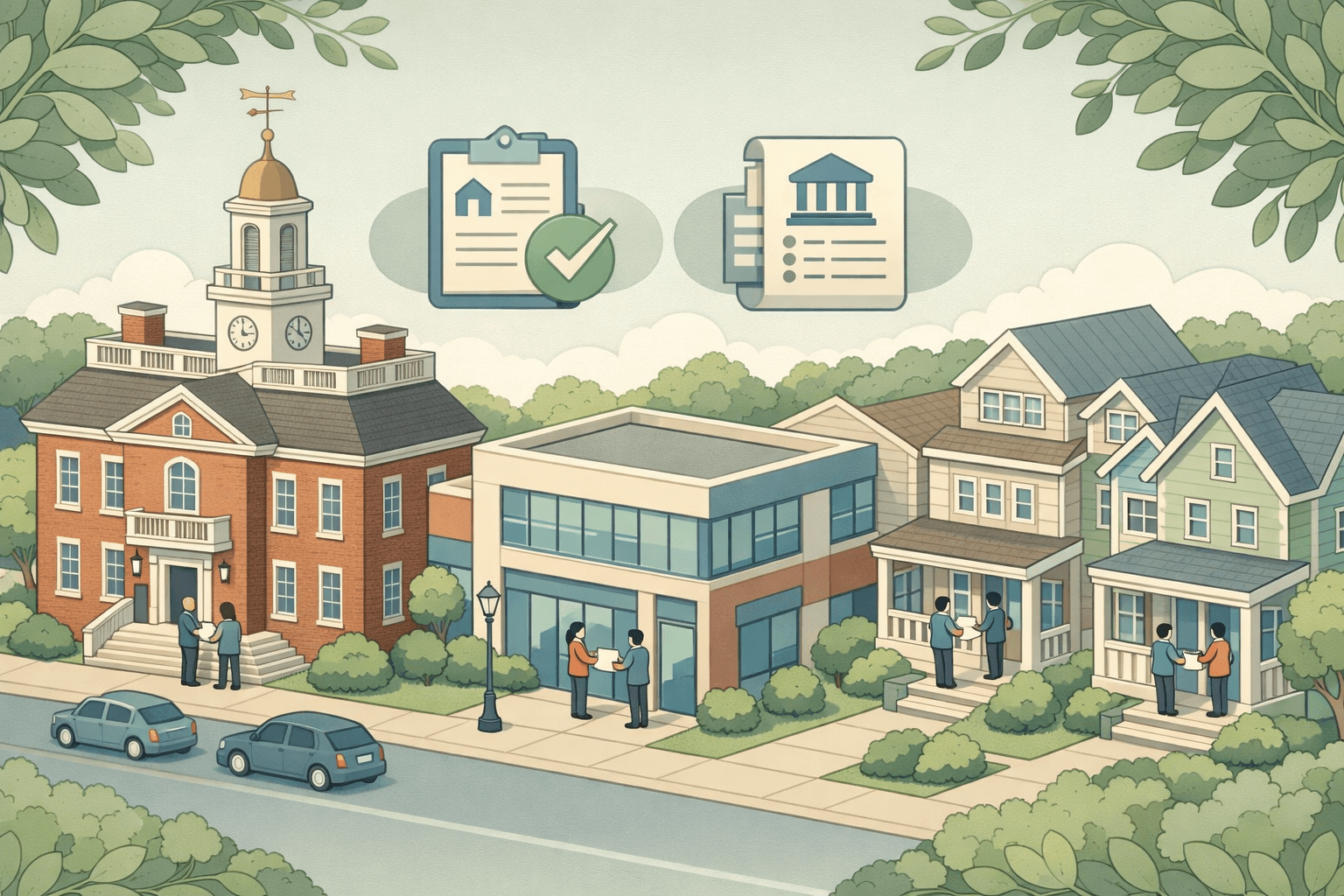 Isometric scene of Delaware historic and modern buildings with small figures representing borrowers and lenders exchanging mortgage documents near a coastal investment property.