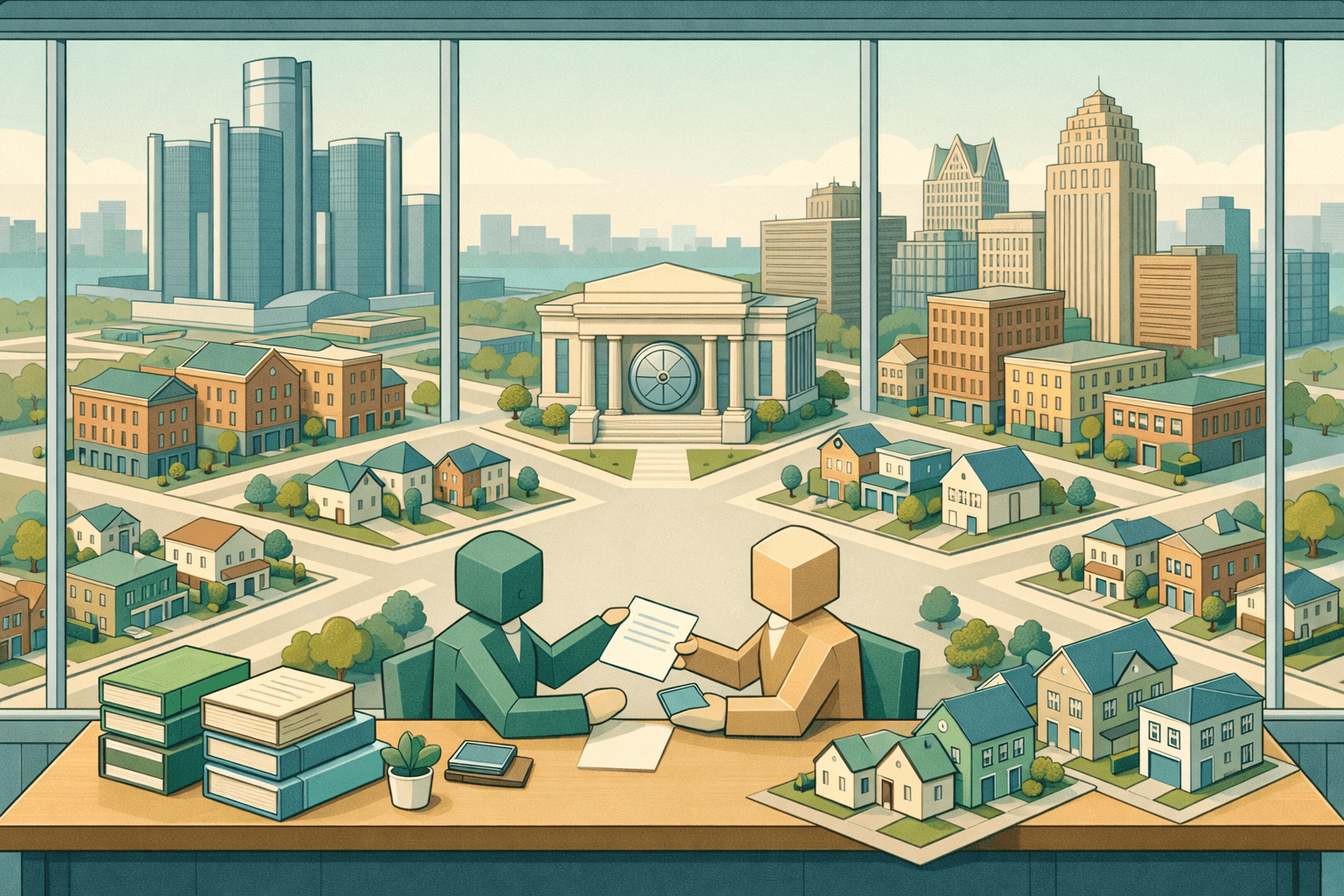 Isometric Detroit skyline with a mortgage lending office, small figures exchanging documents, and miniature investment properties along city blocks.