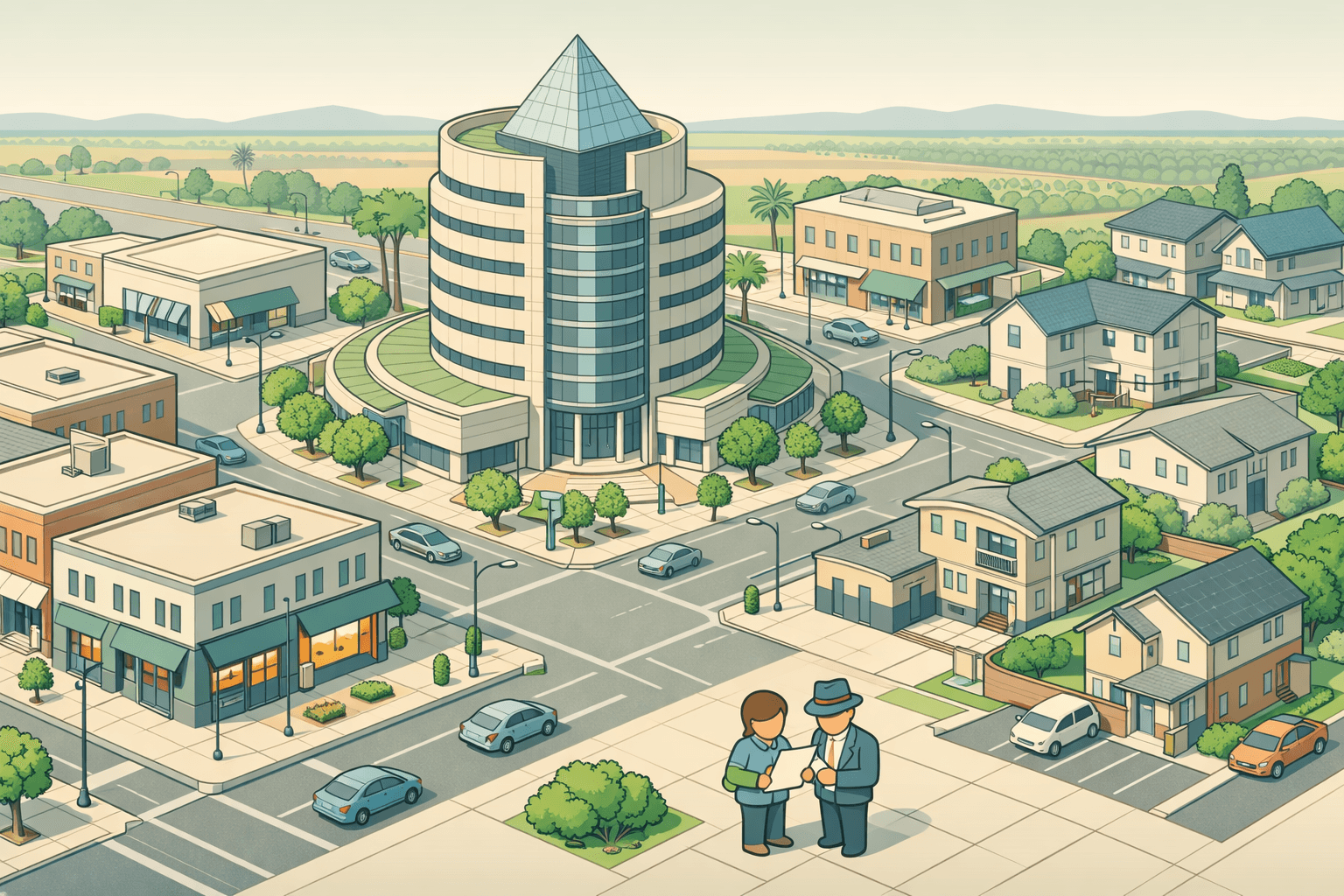 Isometric scene of Fresno city buildings with a mortgage office storefront and small figures representing a self-employed borrower and real estate investor.