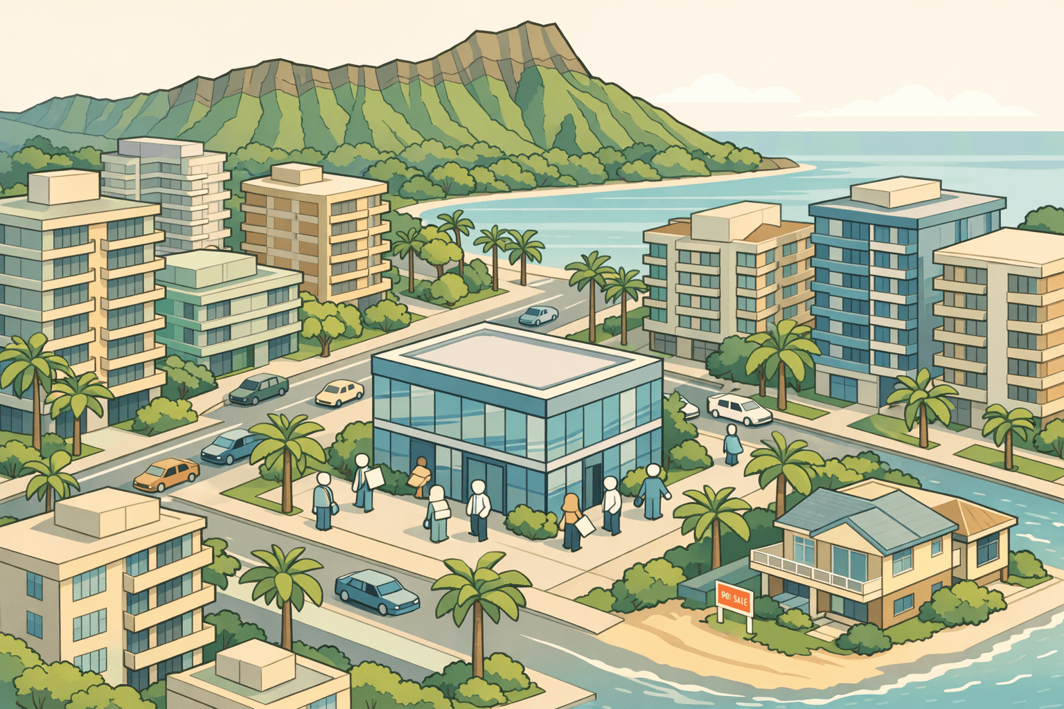 Isometric view of Honolulu with condominiums, a local lending office, palm trees, and Diamond Head in the background.