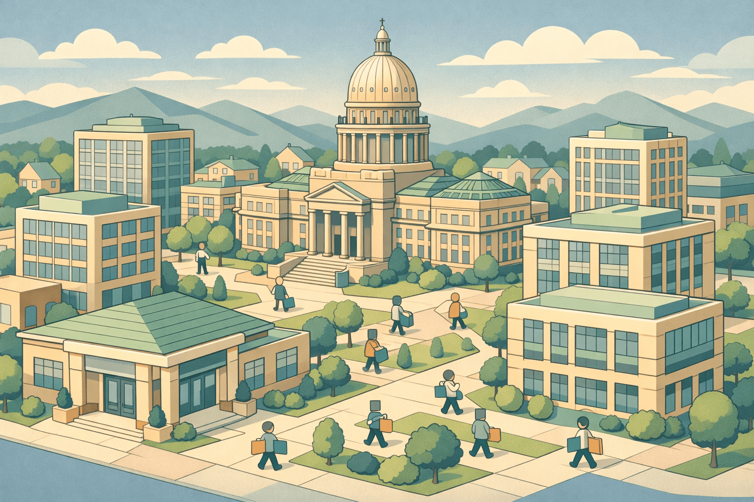 Isometric illustration of a Boise Idaho cityscape with a capitol dome, lending office buildings, residential homes, mountains, and small figures carrying documents.