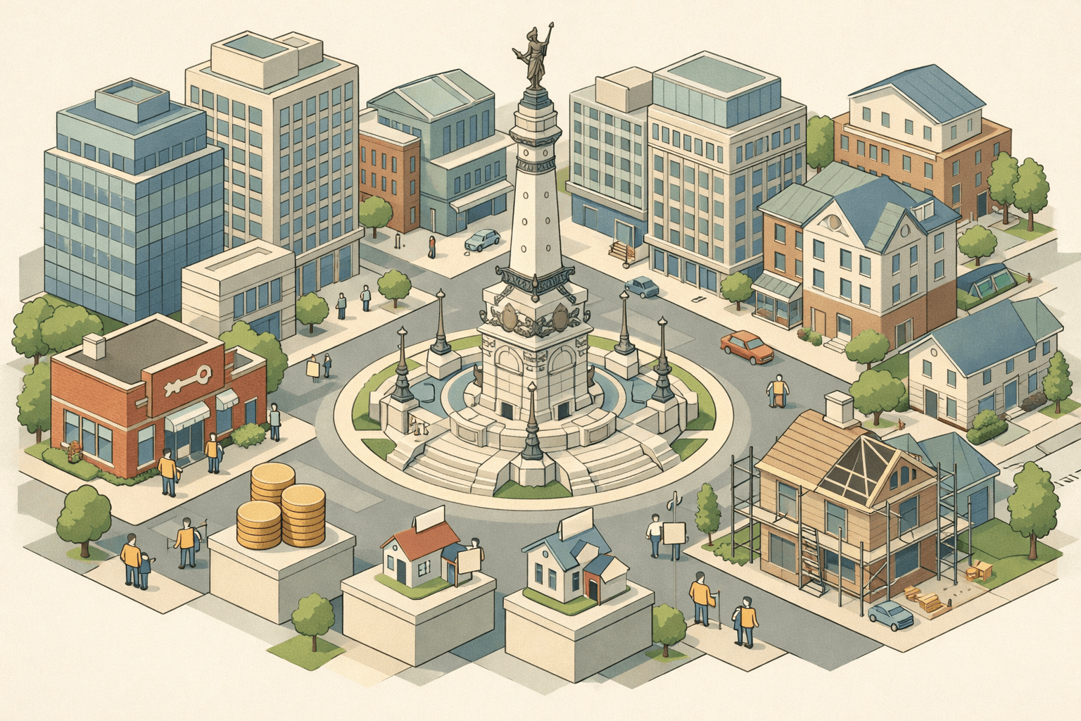 Isometric illustration of Indianapolis with a central monument, mortgage office, rental homes, and a renovation property representing non-QM lending.