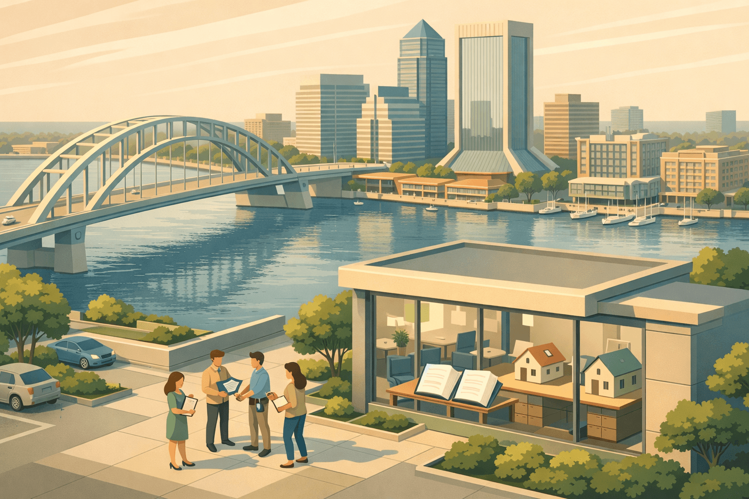 Isometric view of Jacksonville with a river bridge, downtown buildings, and a mortgage office where small figures handle loan documents and house models.