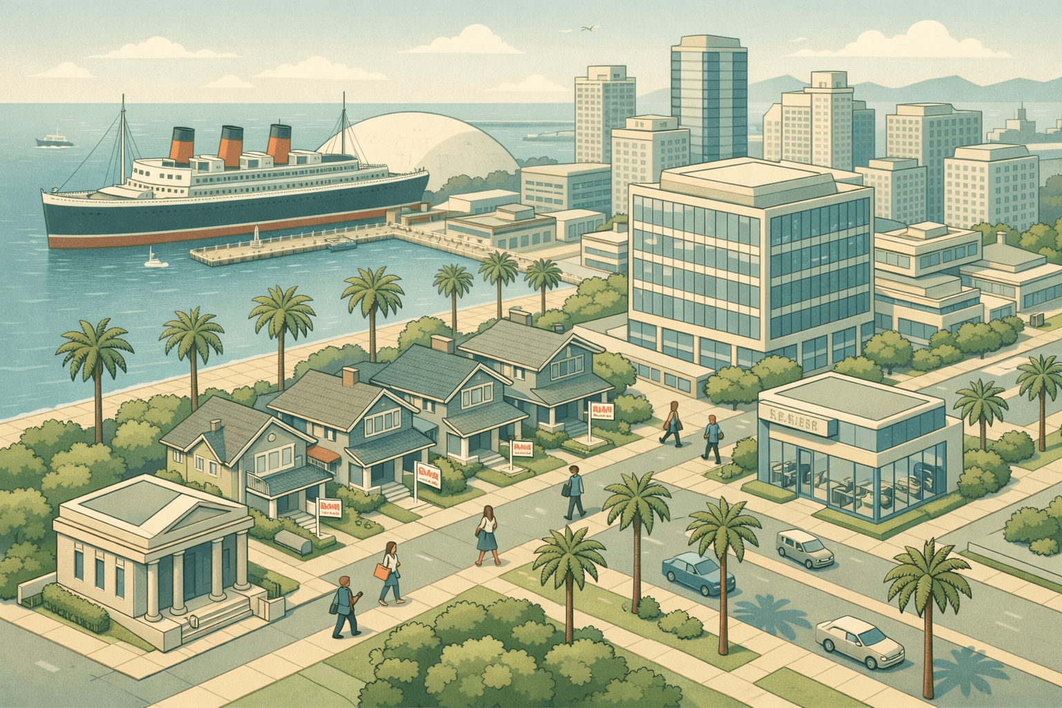 Isometric illustration of Long Beach California with coastal homes, a mortgage office, and the Queen Mary ship in the background.