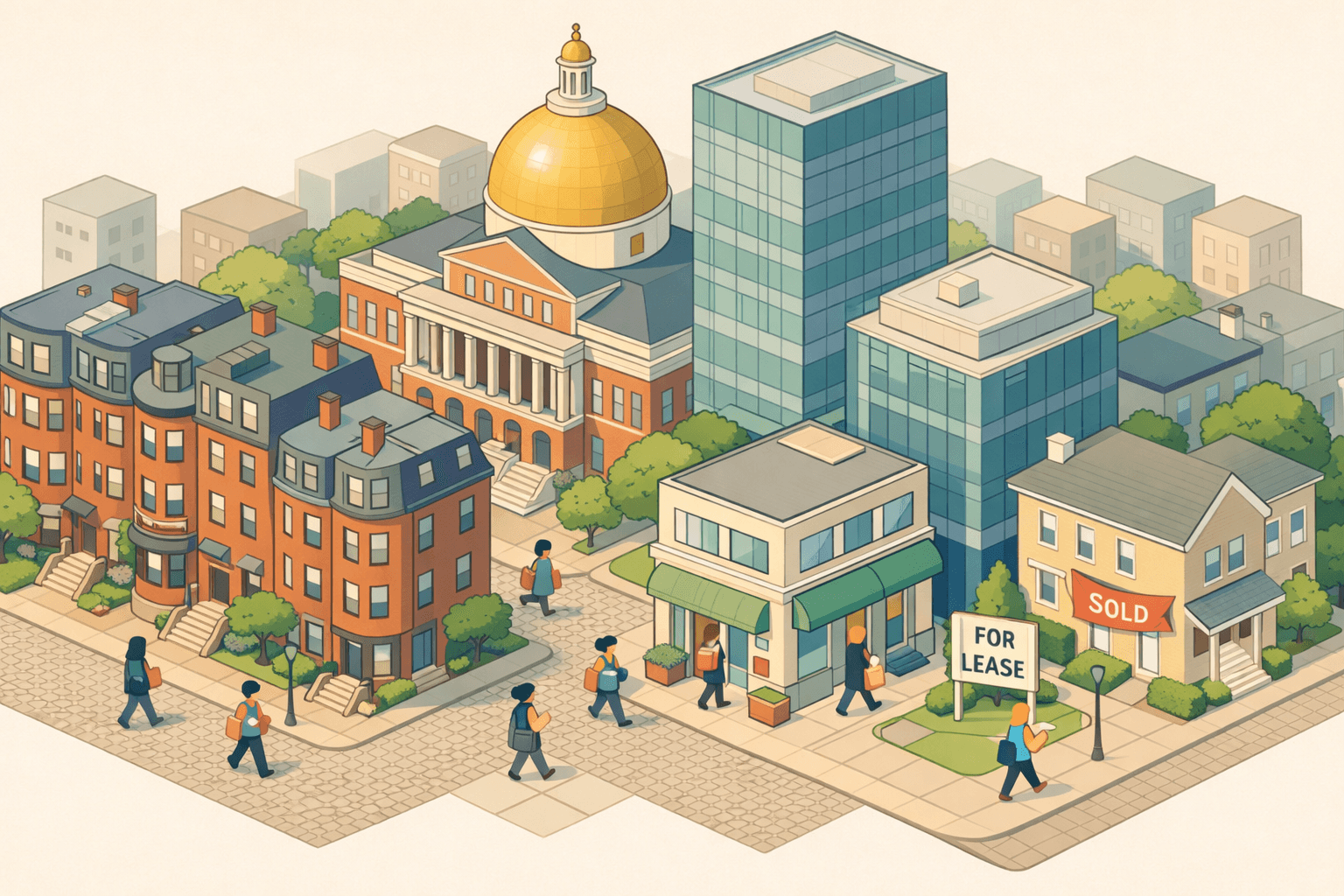 Isometric view of a Massachusetts neighborhood with historic brick buildings, a gold-domed civic structure, and people carrying mortgage documents near a lending office.