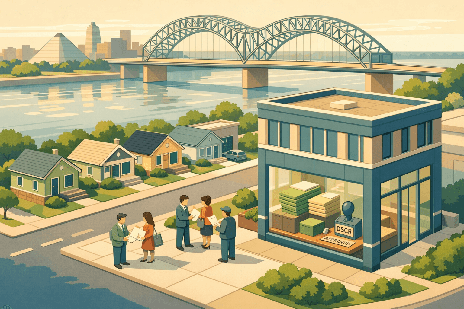 Isometric illustration of Memphis rental homes and a mortgage lending office near a river bridge with small figures exchanging loan documents outside.