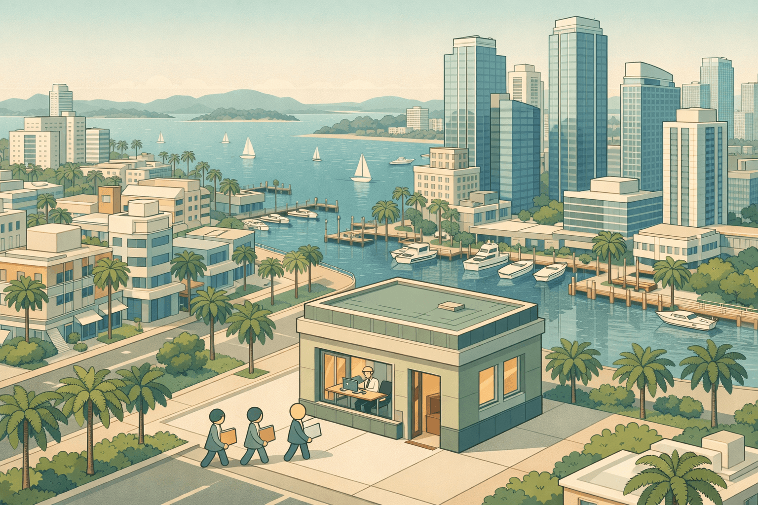 Isometric view of a Miami waterfront neighborhood with art deco and modern buildings, a mortgage office in the foreground, and small figures with document folders approaching.