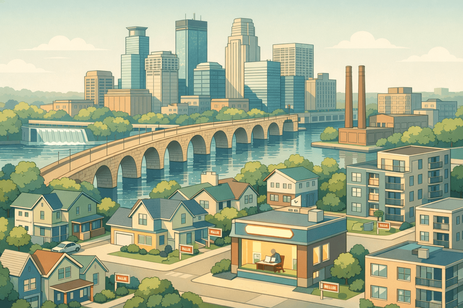 Isometric scene of a Minneapolis neighborhood with downtown buildings, residential homes, and a small mortgage office with a figure reviewing loan documents.