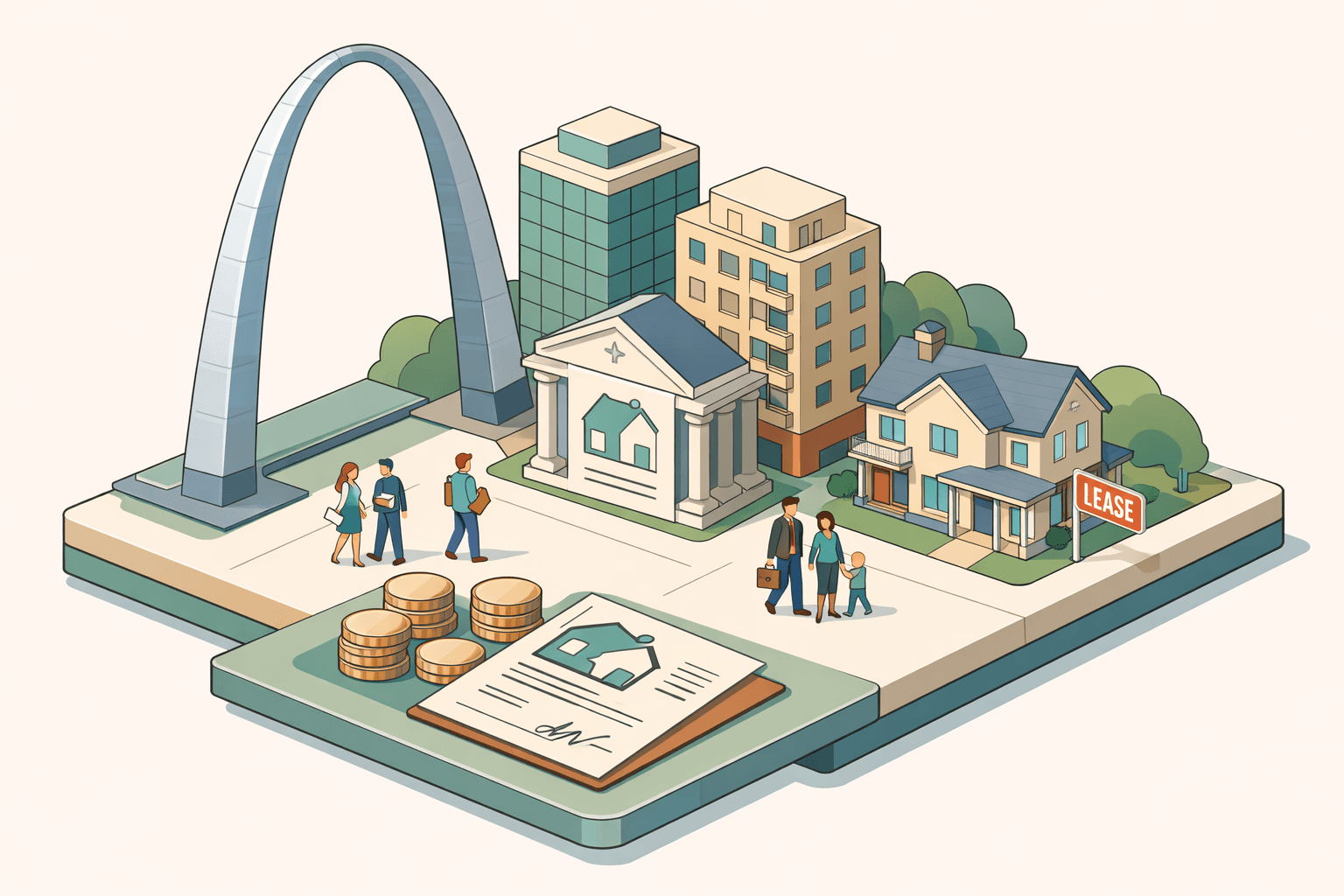 Isometric illustration of St. Louis landmarks alongside investment properties, a bank, and small figures representing Missouri real estate borrowers and investors.