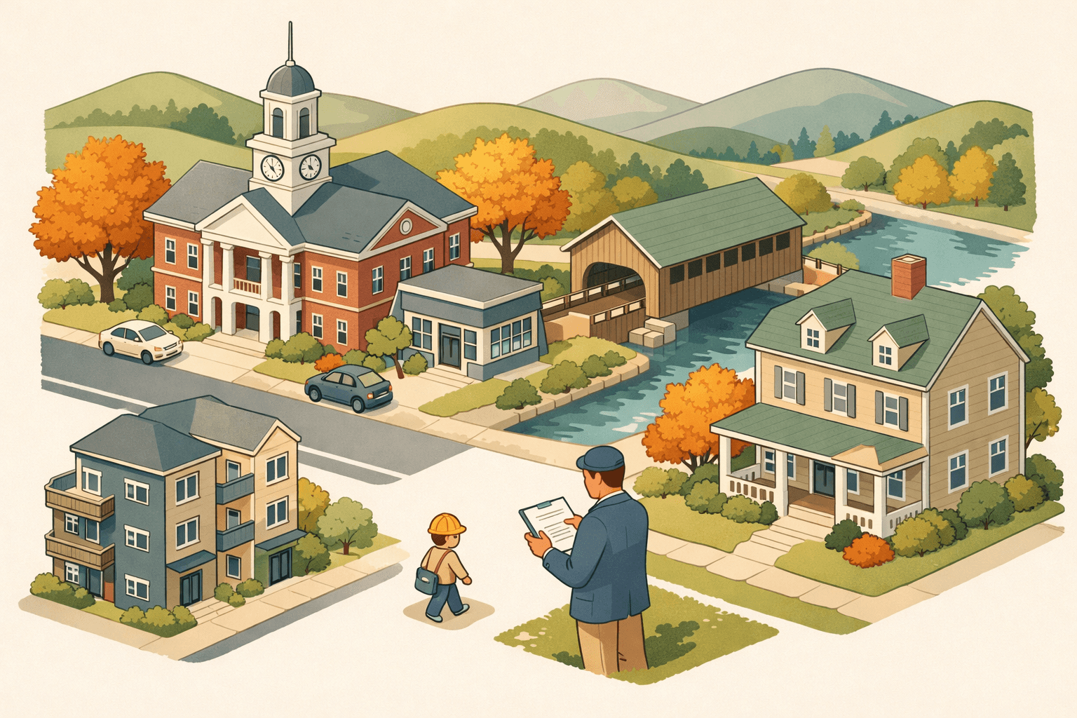 Isometric view of a New Hampshire town with a colonial town hall, covered bridge, mortgage office, and small figures near residential and investment properties.