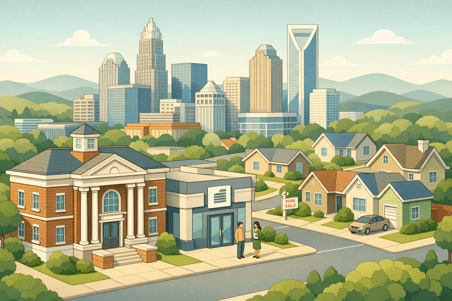 Isometric scene of a North Carolina city with a bank building, residential homes, and a mortgage office with small figures nearby.