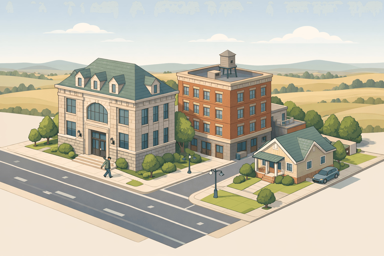 Isometric scene of an Oklahoma city block with a bank building, office structure, and rental home representing non-QM mortgage lending in the state.