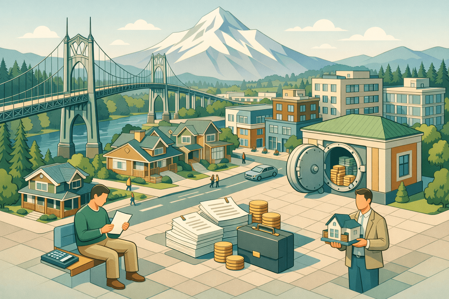 Isometric scene of Portland Oregon with a bridge, residential homes, a small bank building, and figures representing mortgage borrowers and investors.