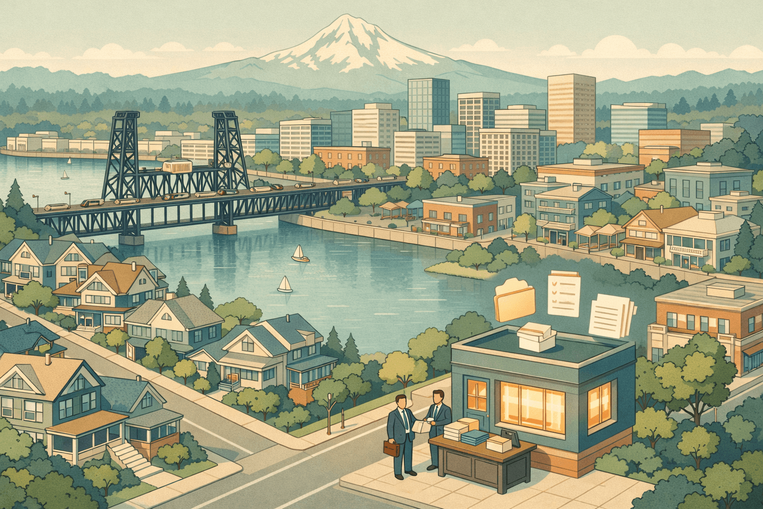 Isometric view of Portland with the Steel Bridge, craftsman homes, and a small lending office with figures carrying mortgage documents near the waterfront.