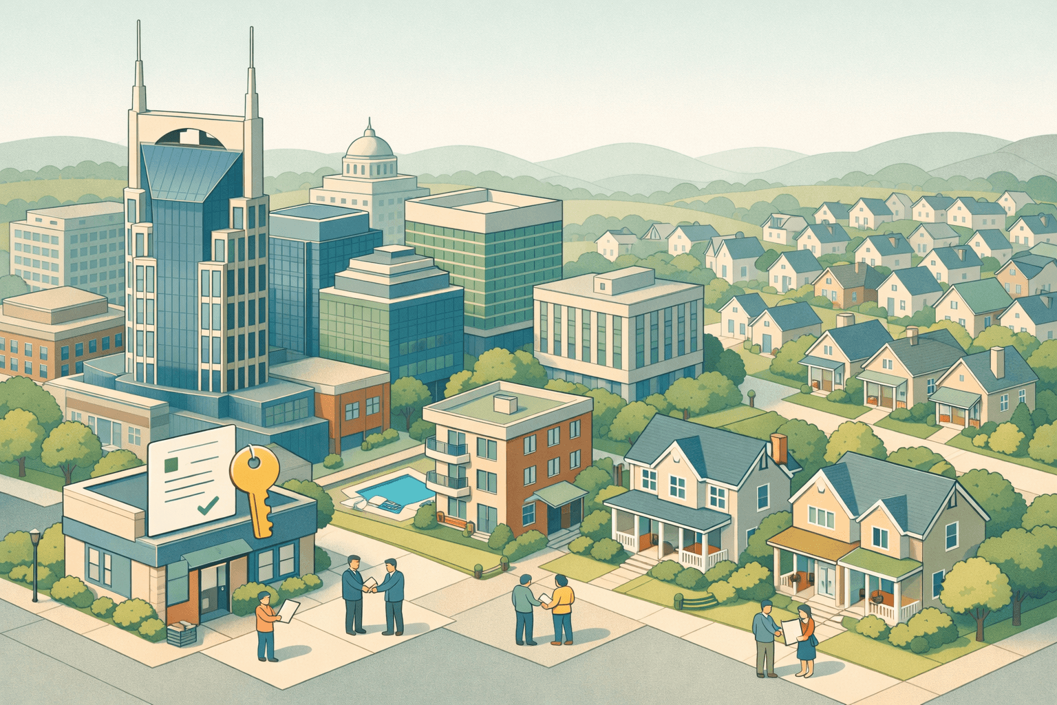 Isometric scene of Nashville buildings alongside residential homes and a mortgage office with small figures representing borrowers and lenders.