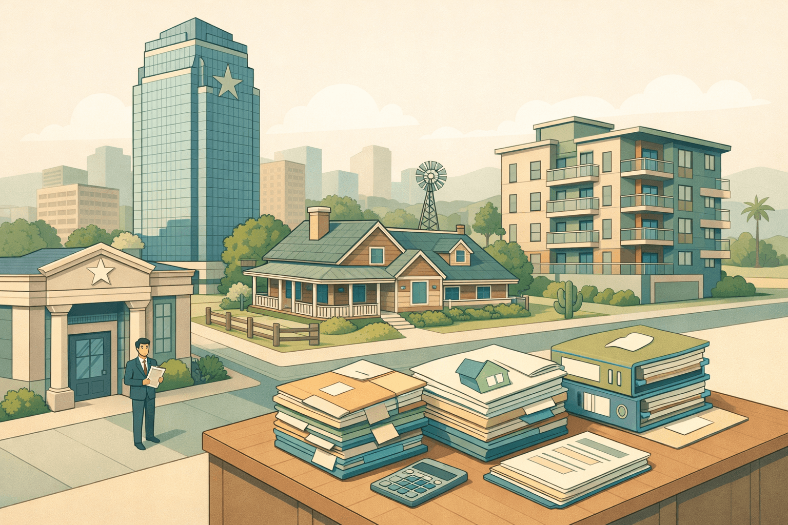 Isometric scene of a Texas city with office towers, a ranch-style home, and a mortgage broker figure near a bank building with loan documents.