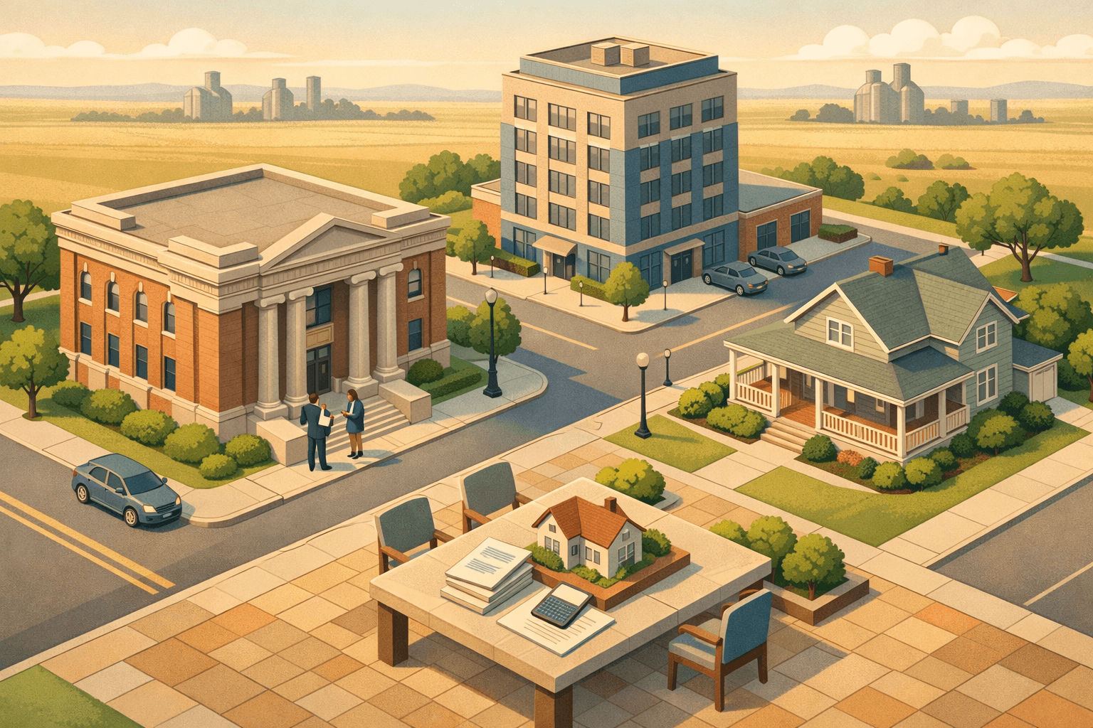 Isometric scene of a Great Plains city block with a bank building, office, and home, with small figures near a mortgage document table.