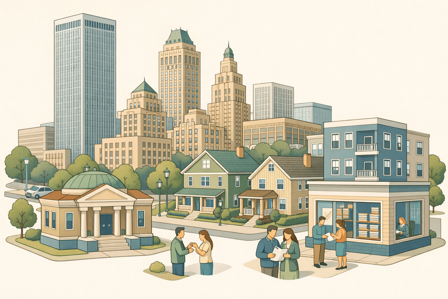 Isometric scene of Tulsa downtown buildings, rental homes, and a mortgage office with small figures reviewing loan documents and exchanging property keys.