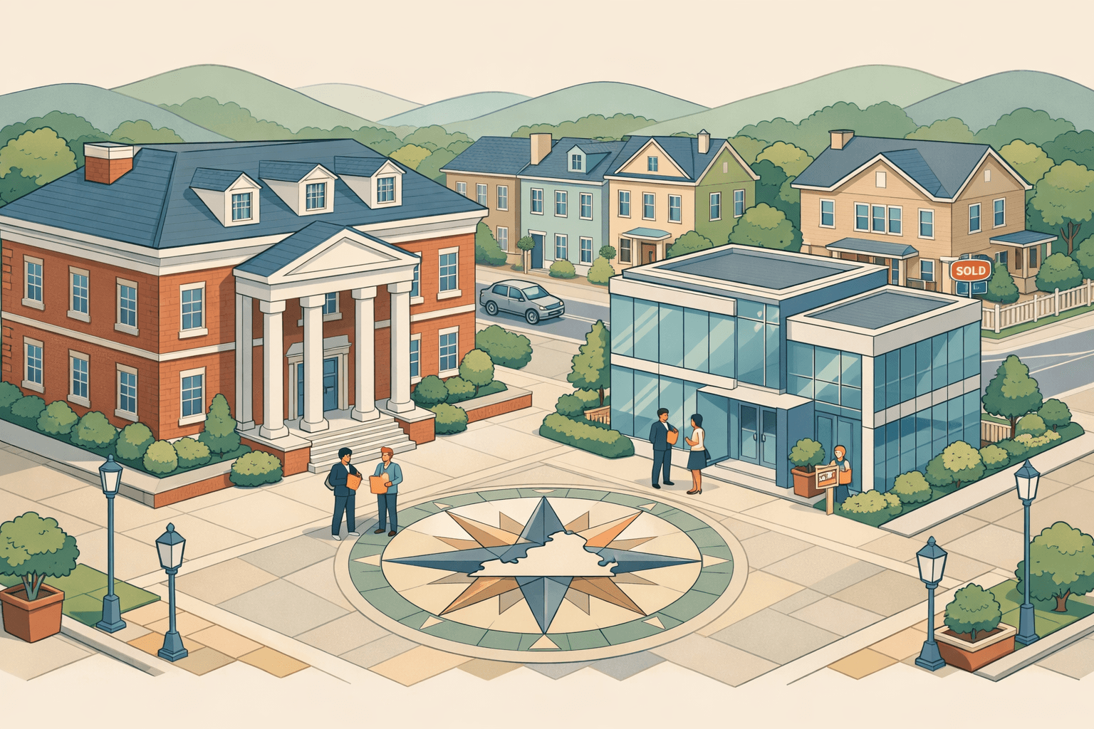 Isometric scene of a Virginia streetscape with colonial and modern office buildings, townhomes, and small figures near a mortgage lending office.