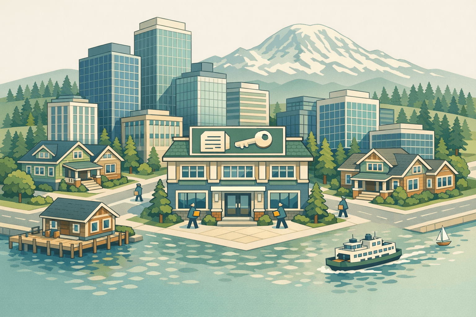 Isometric view of a Pacific Northwest city with modern towers, residential homes, a mortgage office, Mount Rainier in the background, and small figures near buildings.