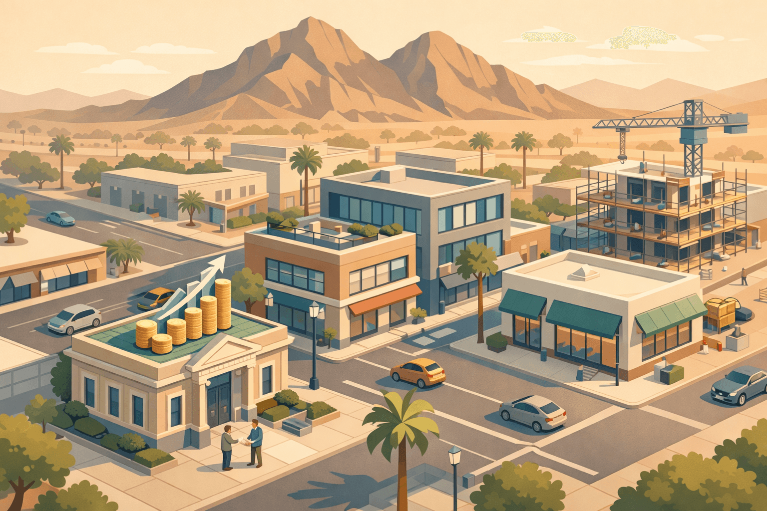 Isometric Arizona business district with Camelback Mountain, a small bank, office buildings, retail storefront, and tiny figures representing small business funding activity.