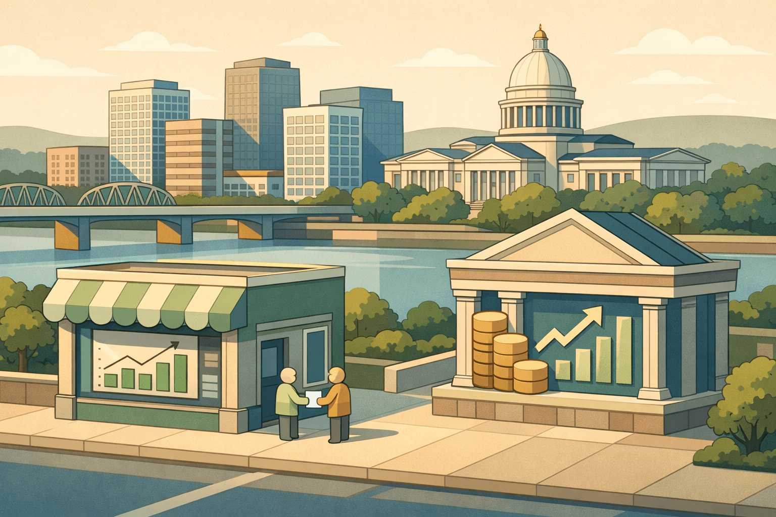 Isometric illustration of Little Rock Arkansas business district with small storefronts, a capitol dome, and figures exchanging financial documents outside a boutique office.