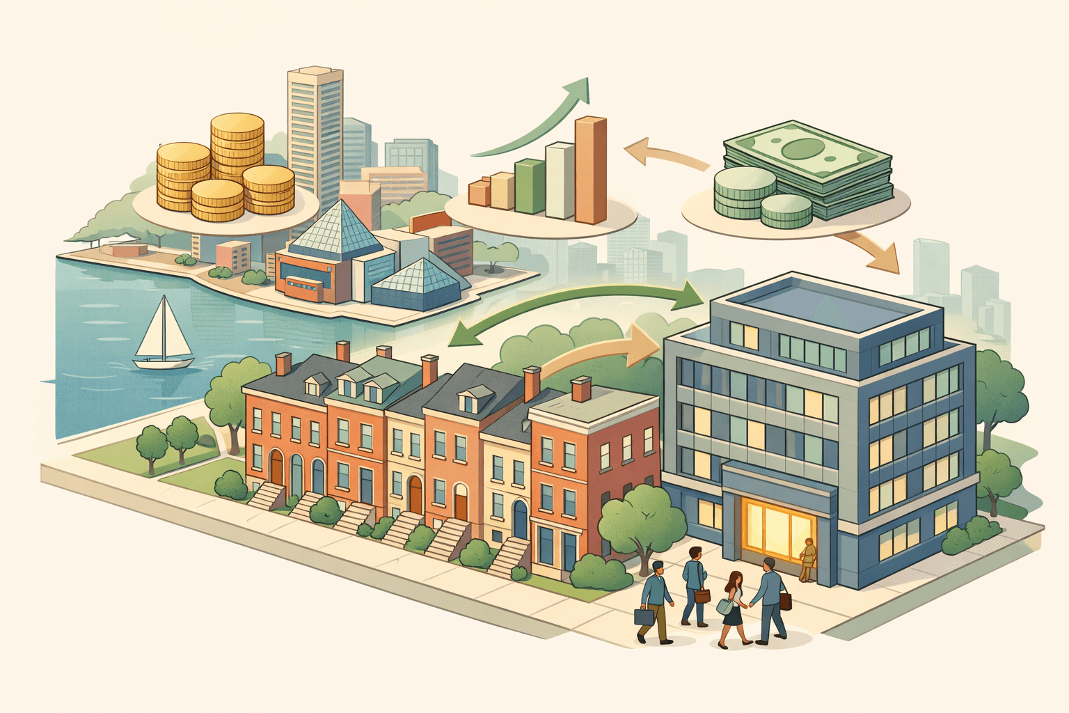 Isometric view of Baltimore rowhouses and harbor buildings with small business owners approaching a lending office, coins and revenue flow symbols above rooftops.