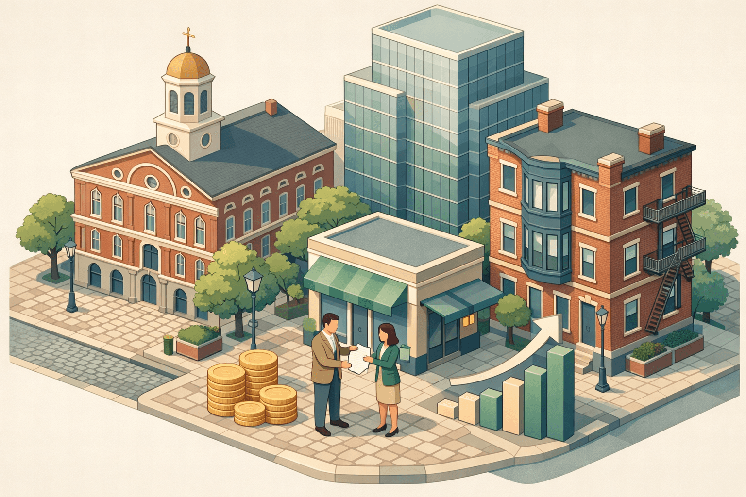 Isometric scene of Boston brick buildings and a modern tower with small business owners near a lending office and revenue growth symbols on the street.