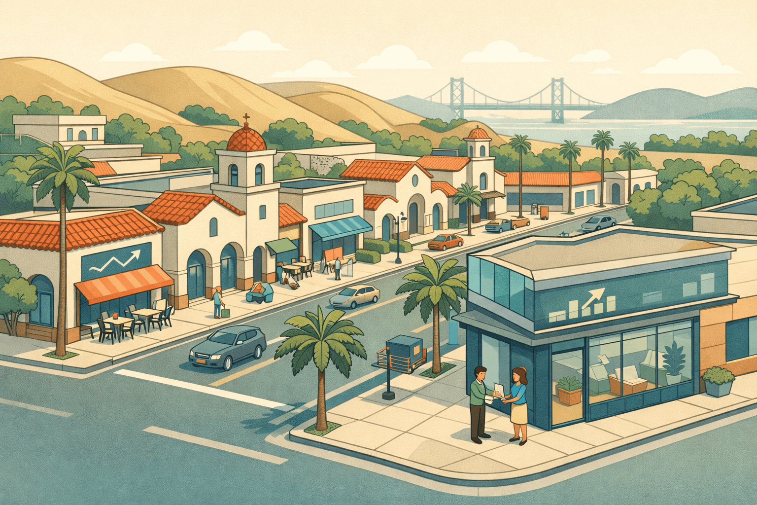Isometric illustration of a California small business street with a lending office, palm trees, mission-style buildings, and tiny figures exchanging documents.